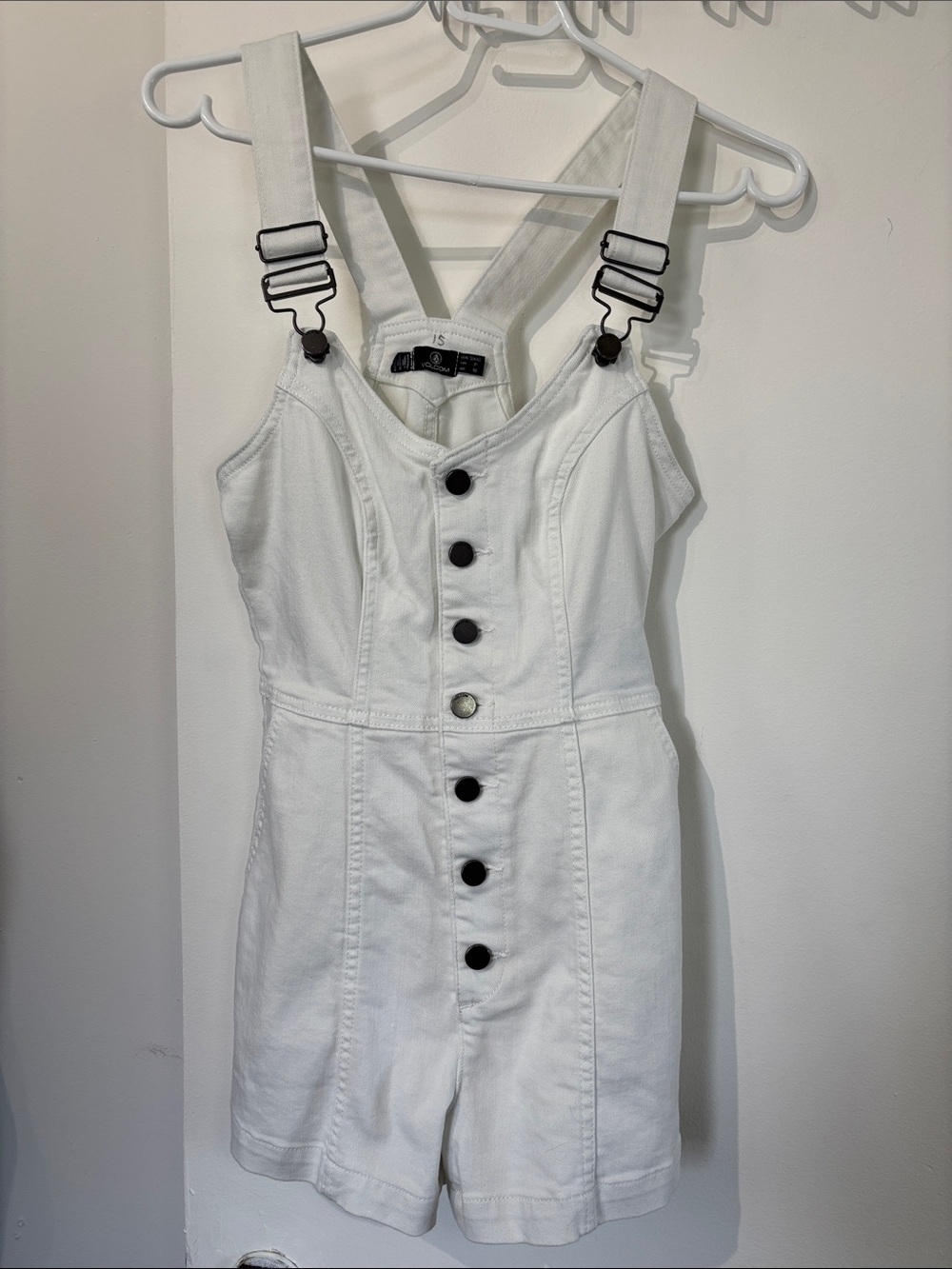 Volcom White Denim Button-Front Short Overalls Romper